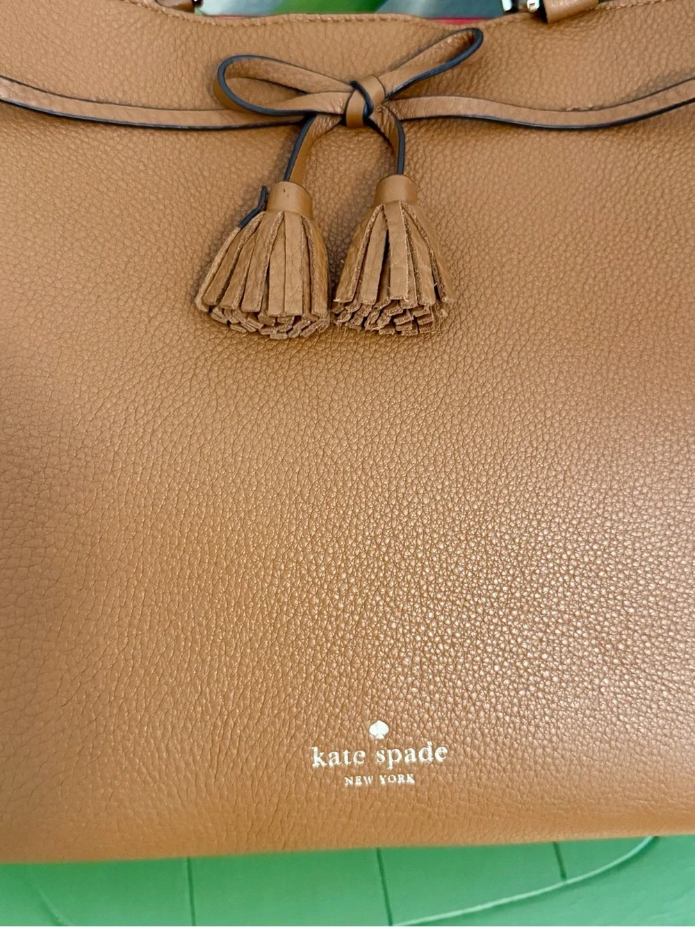 Kate Spade New York Hayes Large Pebbled Leather Tote Cognac Brown Leather Tassel